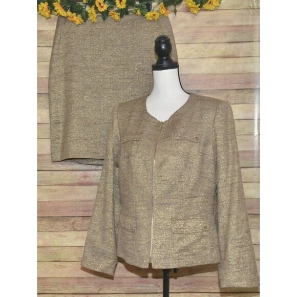 Anne Klein Ladies 2 Piece Gold Metallic Linen Blend Skirt Suit Size 14 Career - Picture 1 of 15